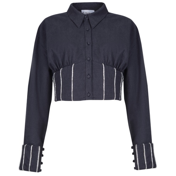 FILKK. ANTHRACITE HERRINGBONE RHINESTONE CORSET CROPPED JACKET - Picture 3 of 9